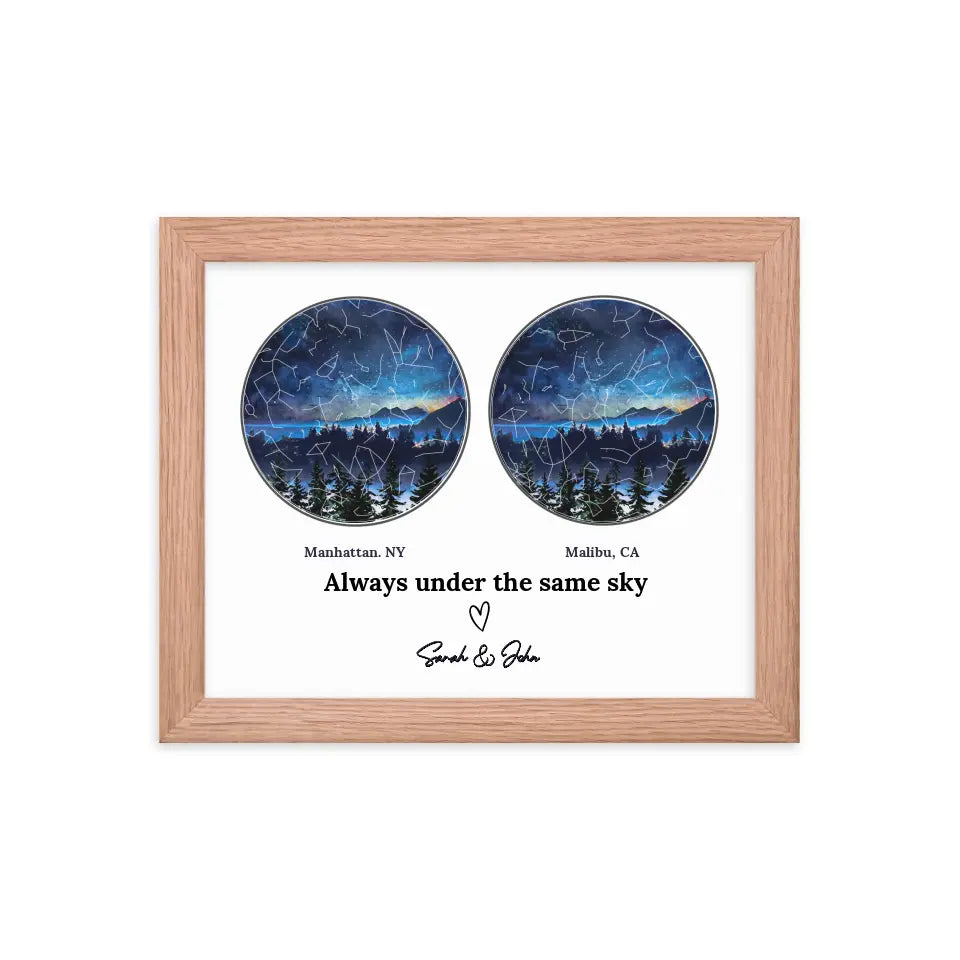 Long Distance Star Map Art Oak Frame | Romantic Couple Gift - Suartprinting